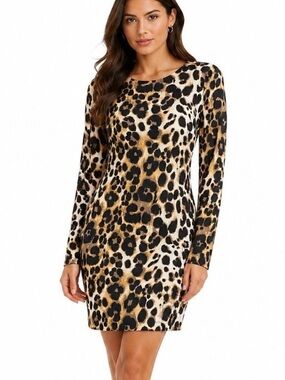 bebe Leopard Print Long Sleeve Mini Bodycon Dress - Tan/Black/Cream Size S